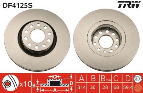 Диск тормозной AUDI A8, AUDI A6, AUDI 100, TRW (DF4125S)