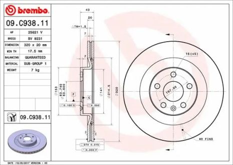 Диск гальмівний VOLVO ASIA, VOLVO S60, VOLVO V90, BREMBO (09C93811)