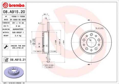 Диск тормозной FIAT TIPO, FIAT 500L, BREMBO (08A91521)