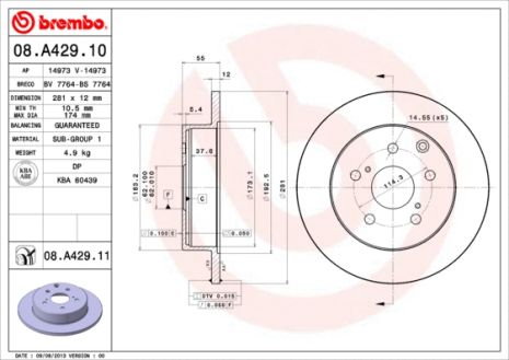 Диск тормозной TOYOTA LAND CRUISER, LEXUS HS, TOYOTA RAV, BREMBO (08A42911)