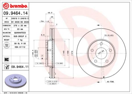 Диск тормозной FORD (CHANGAN), VOLVO C30, BREMBO (09946411)