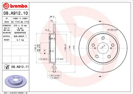 Диск гальмівний TOYOTA COROLLA, BREMBO (08A91210)