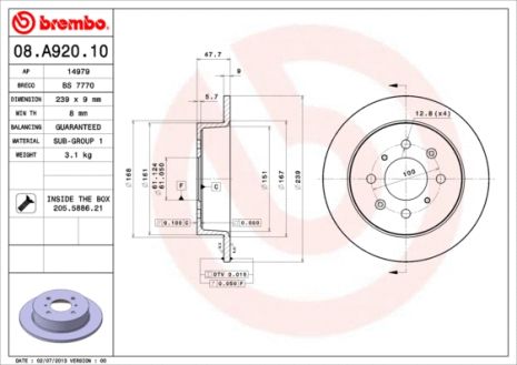 Диск тормозной ACURA INTEGRA, HONDA CIVIC, HONDA CITY, BREMBO (08A92010)