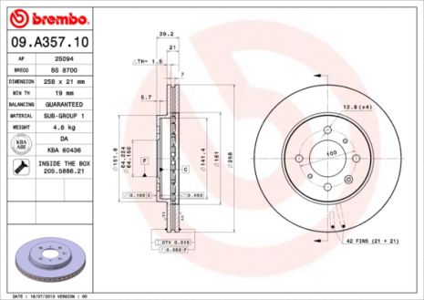 Диск тормозной HONDA CITY, HONDA JAZZ, BREMBO (09A35710)