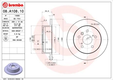 Диск гальмівний LEXUS ES, TOYOTA AVALON, TOYOTA SOLARA, BREMBO (08A10810)