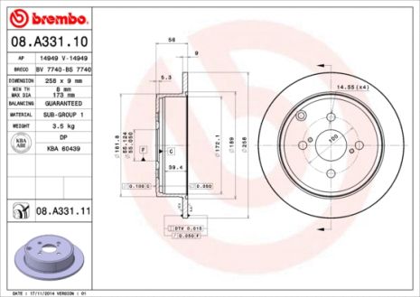 Диск тормозной TOYOTA COROLLA, BREMBO (08A33110)