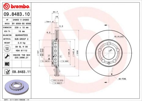 Диск тормозной VW FOX, SKODA FABIA, VW POLO, BREMBO (09848311)