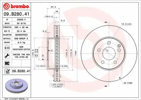 Диск тормозной MERCEDES-BENZ C-CLASS, SLK, BREMBO (09B28041)