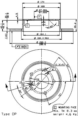 Диск гальмівний MERCEDES-BENZ CLC-CLASS, MERCEDES-BENZ SLK, MERCEDES-BENZ CLK, BREMBO (08721176)