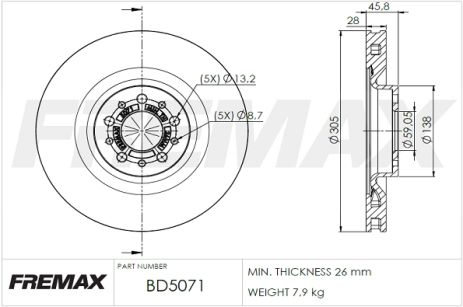 Диск тормозной FIAT 500L, OPEL COMBO, SSANGYONG ACTYON, FREMAX (BD5071)