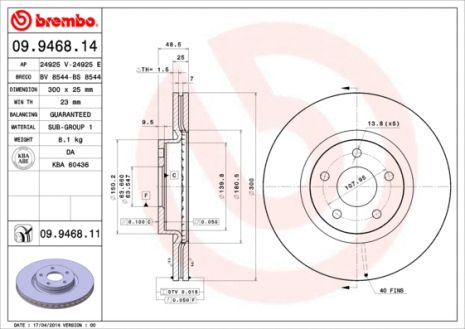 Диск гальмівний FORD (CHANGAN), VOLVO (CHANGAN), FORD KUGA, BREMBO (09946811)