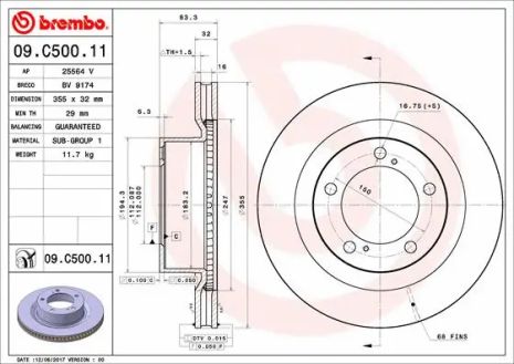 Диск тормозной TOYOTA LAND CRUISER, LEXUS LX, TOYOTA TUNDRA, BREMBO (09C50011)