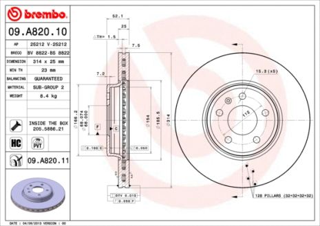 Диск тормозной AUDI A4, AUDI A5, BREMBO (09A82011)