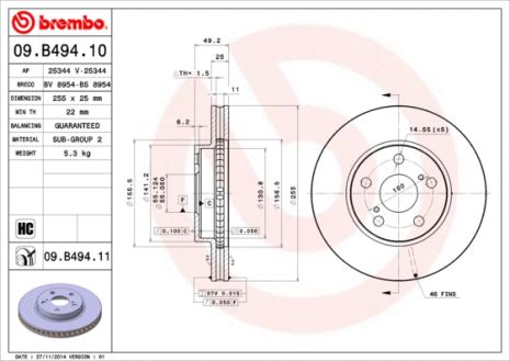 Диск тормозной TOYOTA LAND CRUISER, LEXUS CT, TOYOTA PRIUS, BREMBO (09B49411)