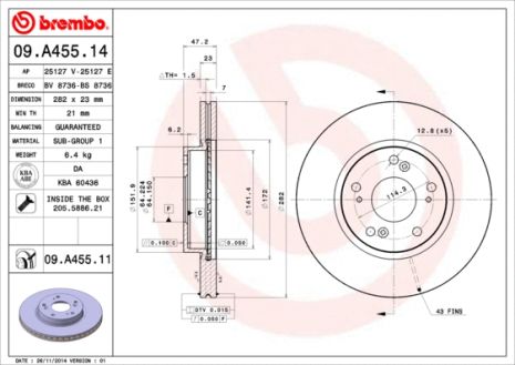 Диск тормозной HONDA CIVIC, HONDA STREAM, HONDA FR-V, BREMBO (09A45514)