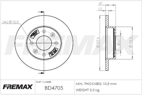 Диск гальмівний DACIA LOGAN, RENAULT SANDERO/STEPWAY, RENAULT EXPRESS, FREMAX (BD4705)