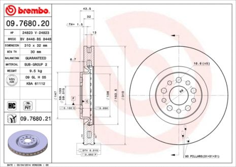 Диск гальмівний FIAT ULYSSE, LANCIA PHEDRA, CITROËN C8, BREMBO (09768021)