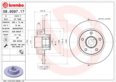 Диск гальмівний NISSAN PRIMASTAR, OPEL VIVARO, RENAULT TRAFIC, BREMBO (08959717)