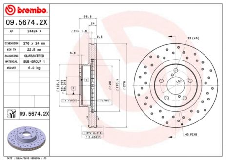 Диск гальмівний TOYOTA GT, SUBARU IMPREZA, SUBARU LEGACY, BREMBO (0956742X)