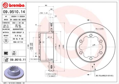 Диск тормозной MERCEDES-BENZ SPRINTER, VW CRAFTER, BREMBO (09951011)