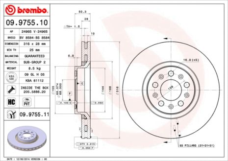 Диск тормозной VOLVO ASIA, VOLVO XC90, VOLVO S60, BREMBO (09975511)