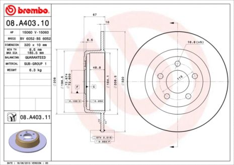 Диск гальмівний DODGE CHALLENGER, CHRYSLER 300C, DODGE Зарядний, BREMBO (08A40311)