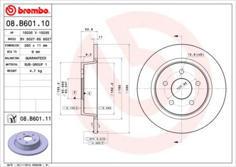 Диск тормозной FORD C-MAX, FORD GRAND, FORD TOURNEO, BREMBO (08B60110)