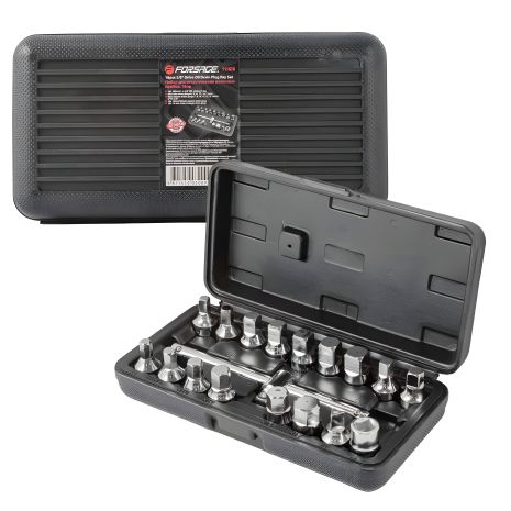 Набор инструментов для масляных пробок 3/8" 18 предметов (квадрат: 7,8,10-14мм,5/16",3/8"; Н:8,9,10,12,14,17мм,треугольник 10мм,внутр.квадрат10мм) в кейсе Forsage ROCKFORCE F-915G2B