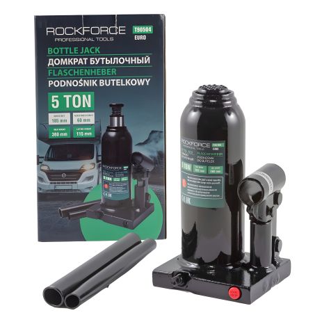 Домкрат пляшковий 5т з клапаном (підхоплення - 216мм, підйом - 413мм) ROCKFORCE FORSAGE RF-T90504