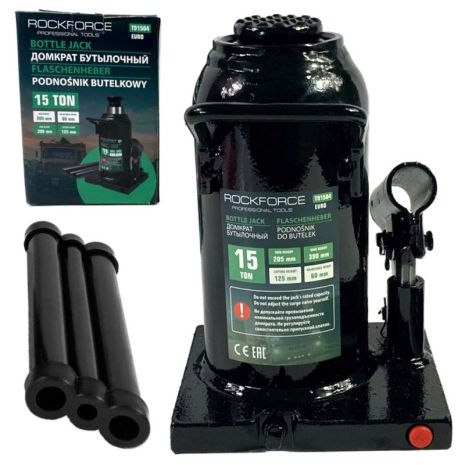 Домкрат бутылочный 15т с клапаном (высота подхвата - 230мм, высота подъема - 460мм, ход штока - 150мм) ROCKFORCE RF-T91504 Домкрат бутылочный 15т с клапаном (высота подхвата - 230мм, высота подъема - 460мм, ход штока - 150мм) ROCKFORCE RF-T91504