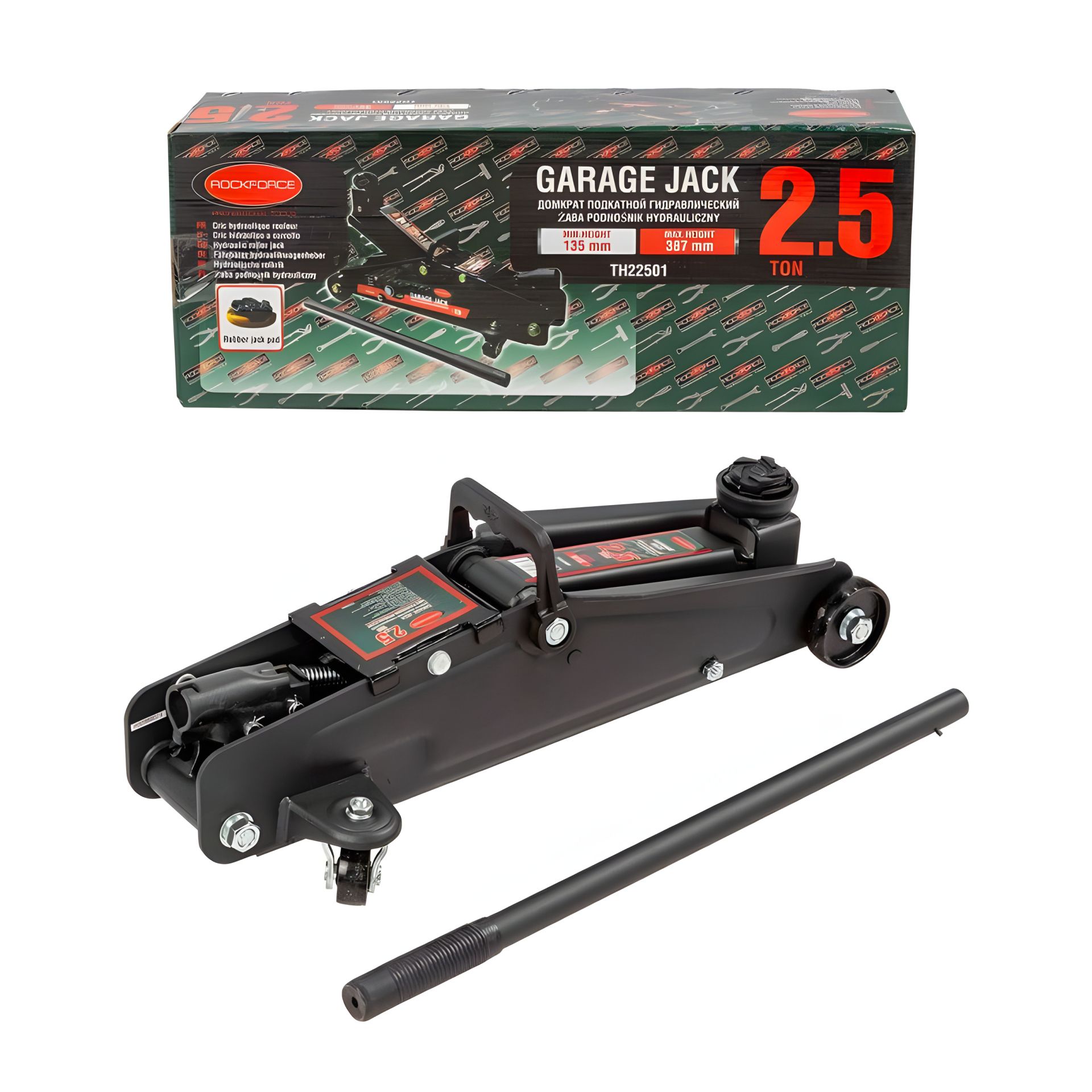 Гідравлічний підкатний домкрат ROCKFORCE RF-TH22501 2,5т (135-387мм) Гідравлічний підкатний домкрат ROCKFORCE RF-TH22501 2,5т (135-387мм)