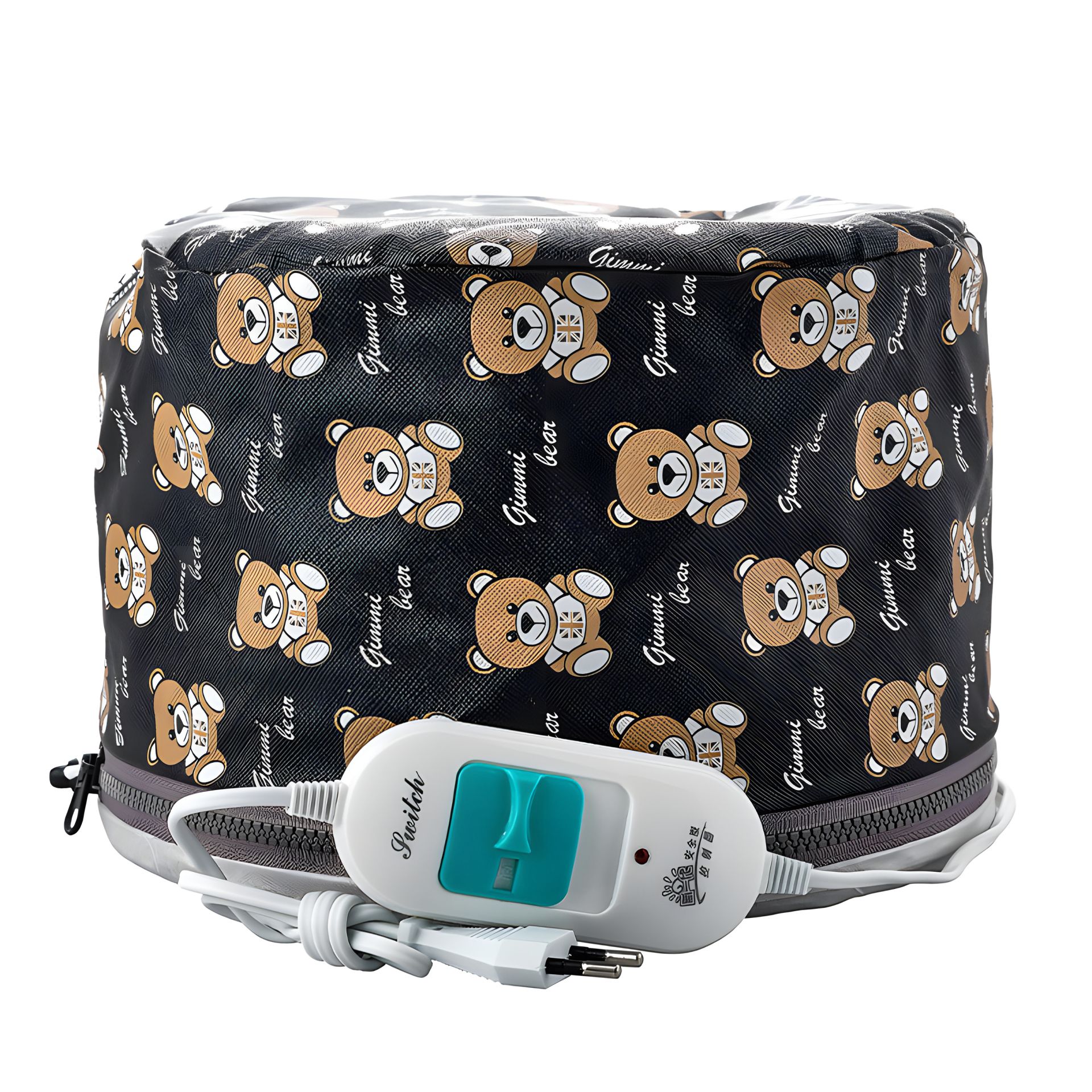 Электрическая виниловая термошапка для масок, ламинирования и лечения волос (черная с мишками) Электрическая виниловая термошапка для масок, ламинирования и лечения волос (черная с мишками)