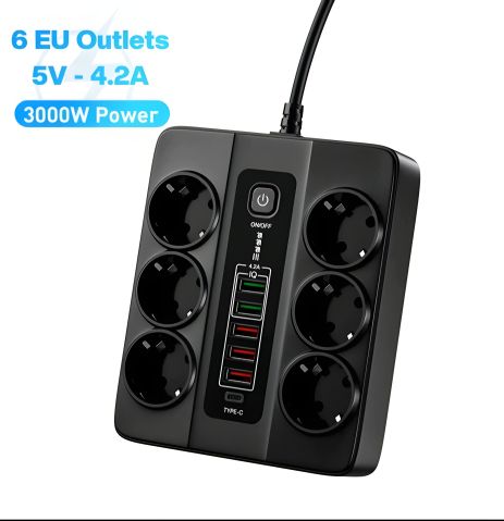 Подовжувач мережевий на 6 розеток + USB Type-C до 3000 в Атт