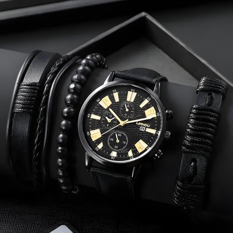 Подарунковий набір кварцових годинників з чорним браслетом з перлами Подарунковий набір кварцових годинників з чорним браслетом з перлами