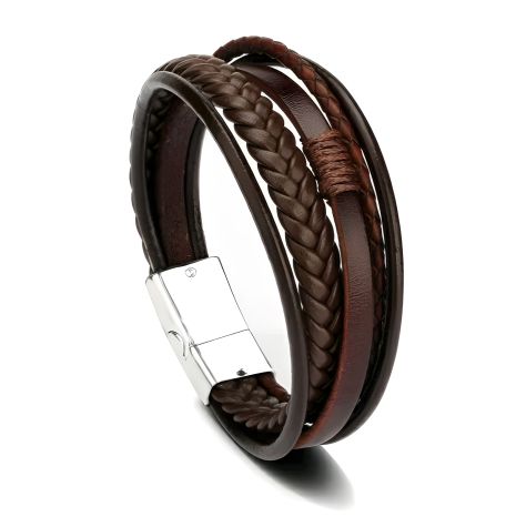 Шкіряний чоловічий жіночий браслет плетіння коричневий хром замок на застібці Шкіряний чоловічий жіночий браслет плетіння коричневий хром замок на застібці
