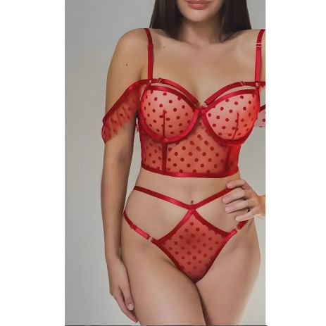 Комплект сеточного нижнего белья, трусики и бюстгальтер без чашечек в горошек