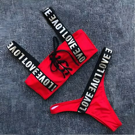 Купальник красный сексуальный с резинкой LOVE комплект белья для купания летний