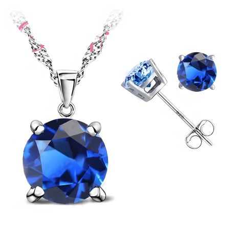 Женский комплект под серебро: кулон, серьги, цепочка, СИНИЙ