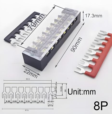 Колодки клемні споживчі для дротів 15 А, до 400 В, 8P