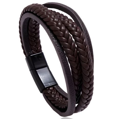 Браслет плетений зі шкіри на застібці, унісекс, коричнево-чорний