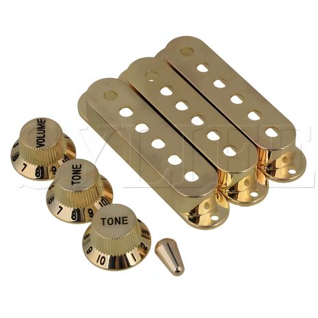Комплект кришки синглів і ручки для електрогітари Fender Stratocaster Ibanes Shur LTD ESP золотисті Комплект кришки синглів і ручки для електрогітари Fender Stratocaster Ibanes Shur LTD ESP золотисті