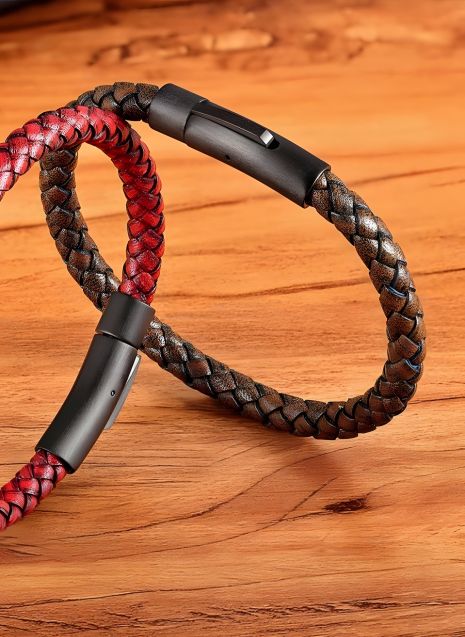 Браслет шкіряний на застібці чоловічий/жіночий, плетіння, коричневий/чорний, замок