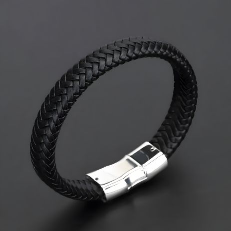 Мужской кожаный браслет на застежке, стильный, черный, с хромированным замком Мужской кожаный браслет на застежке, стильный, черный, с хромированным замком