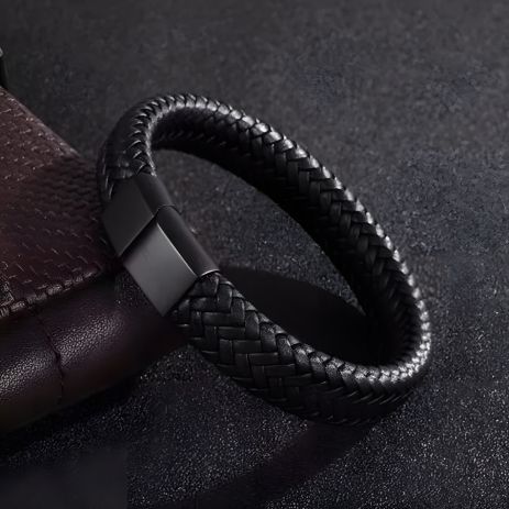 Чоловічий шкіряний браслет на застібці, чорний з чорним замком