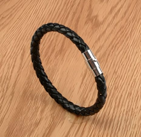 Чоловічий та жіночий плетений шкіряний браслет на застібці, чорний хром