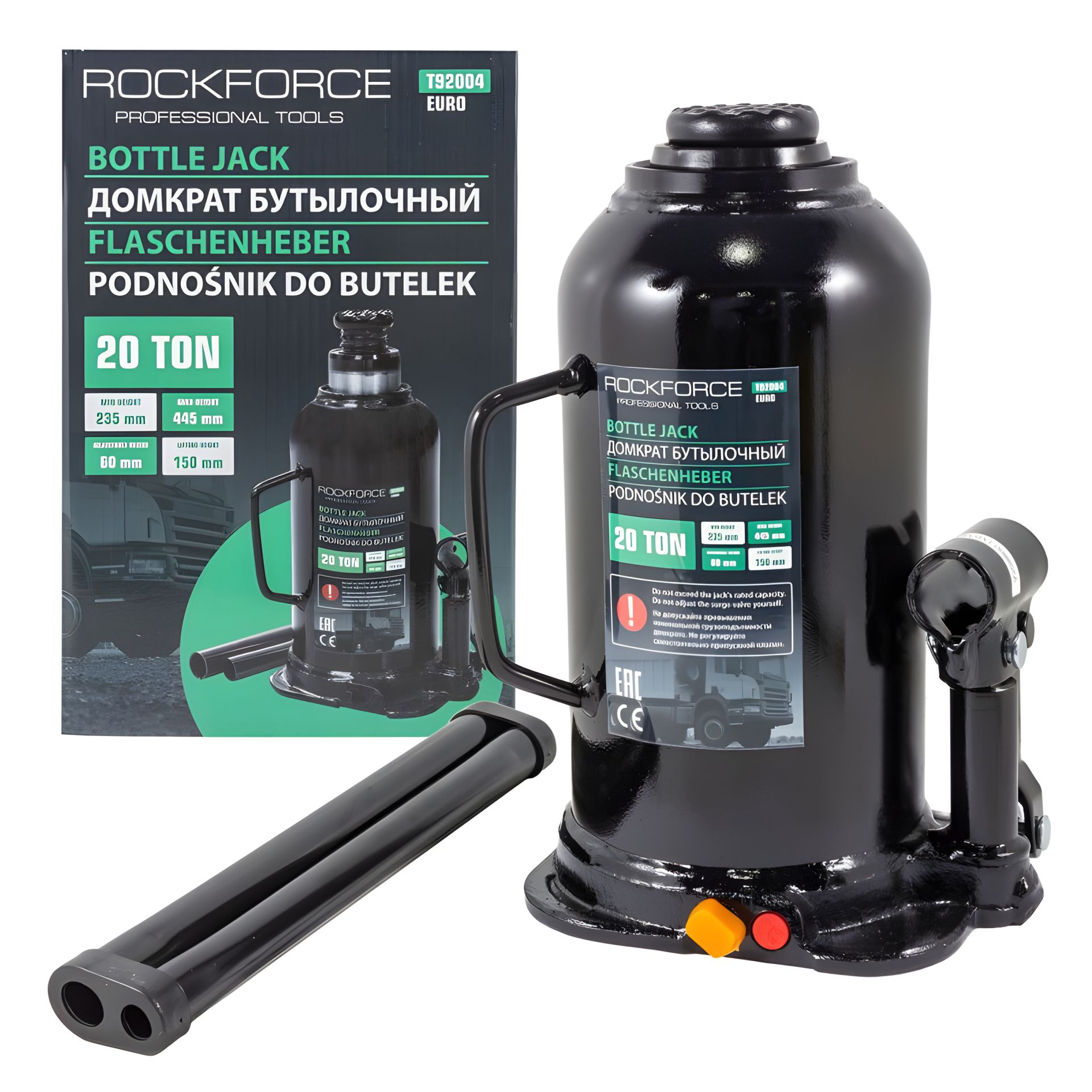 Домкрат пляшковий 20т із клапаном RF-T92004 ROCKFORCE (Euro) Домкрат пляшковий 20т із клапаном RF-T92004 ROCKFORCE (Euro)