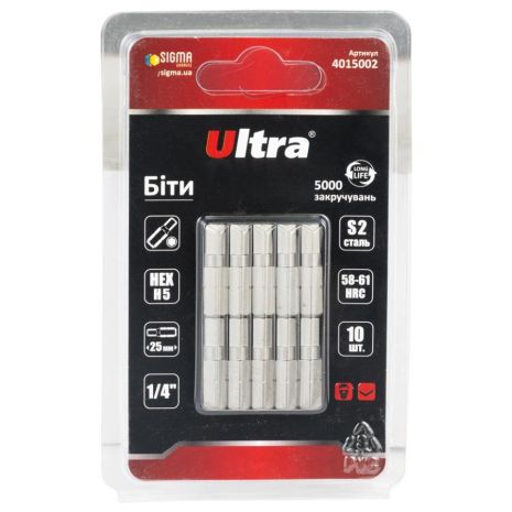 Біти HEX 5×25мм ¼" 10шт S2 (блістер) ULTRA 4015002 Біти HEX 5×25мм ¼" 10шт S2 (блістер) ULTRA 4015002