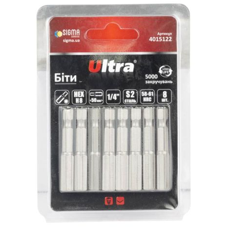 Биты HEX 8×50мм ¼" 8шт S2 (блистер) ULTRA 4015122 Биты HEX 8×50мм ¼" 8шт S2 (блистер) ULTRA 4015122