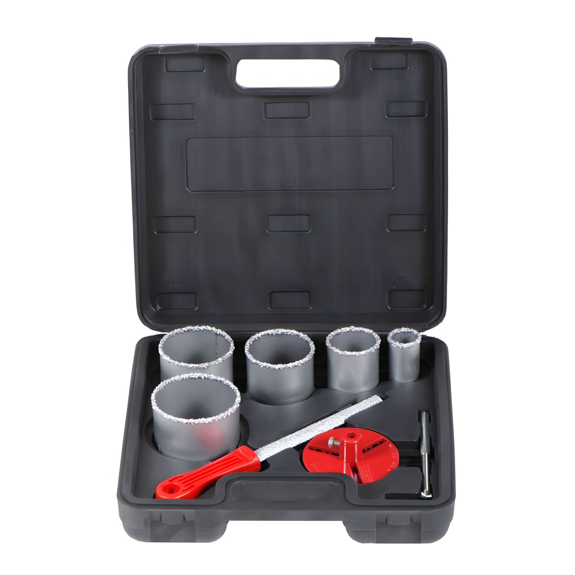 Кільцеві коронки з вольфрамовим напиленням Ø33, 53, 67, 73, 83 мм + основа зі свердлом (кейс) SIGMA 1512081 Кільцеві коронки з вольфрамовим напиленням Ø33, 53, 67, 73, 83 мм + основа зі свердлом (кейс) SIGMA 1512081