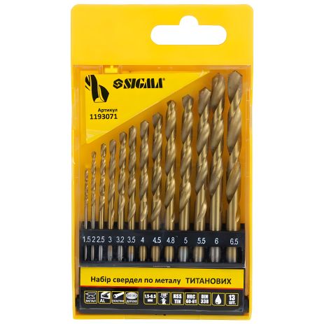Набор сверл по металлу HSS-TIN титановых 13шт 1.5-6.5мм (пластиковый кейс) SIGMA 1193071 Набор сверл по металлу HSS-TIN титановых 13шт 1.5-6.5мм (пластиковый кейс) SIGMA 1193071